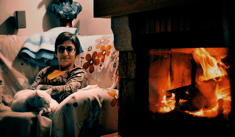 Mum & Téco by the fireplace.